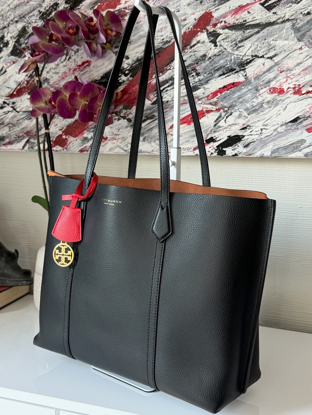Tory Burch Perry Triple Compartment Tote Black Pebbled Leather Style